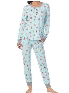 Cuddl Duds Aqua Blue Ice Cream Dessert Print Henley Pajama Set